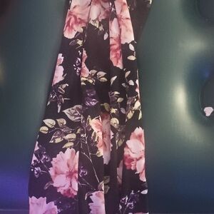 Floral Black Pants with Pink Roses